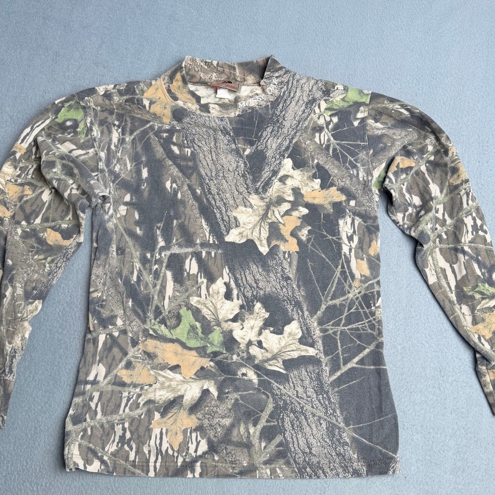 Vintage Mossy Oak Camo Long Sleeve T-Shirt Mock Neck Cotton Made in USA Small